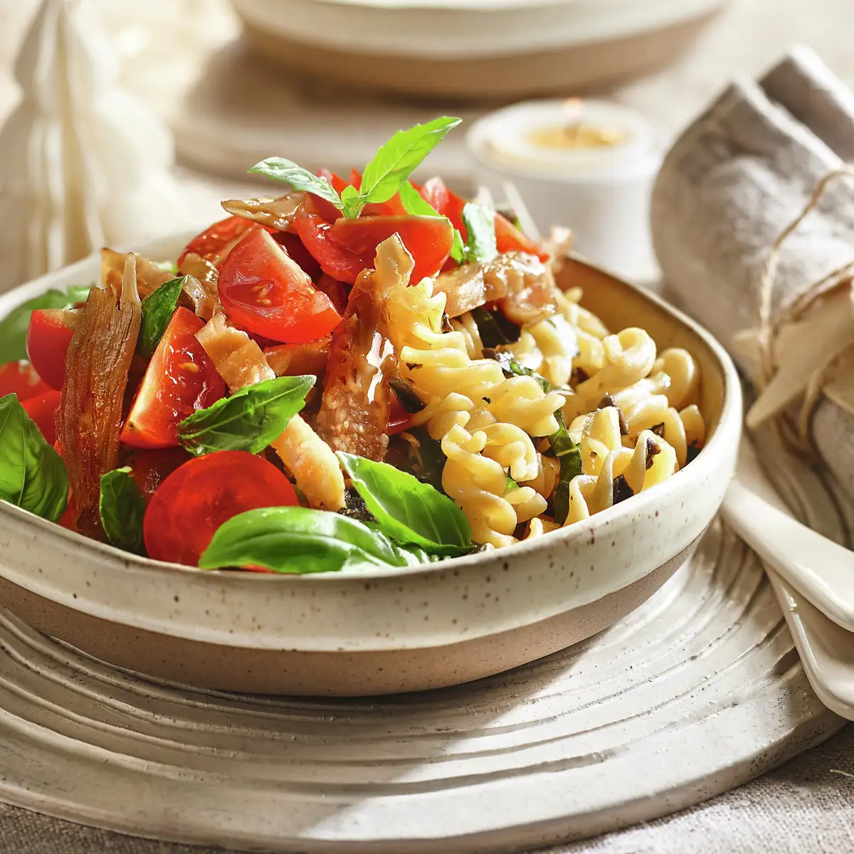 Ensalada de pasta de garbanzos con proteína de soja