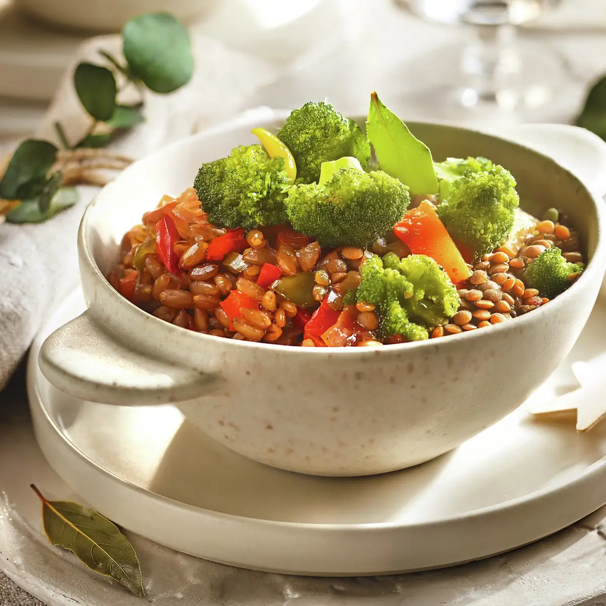 Espelta con lentejas beluga y brócoli al wok 