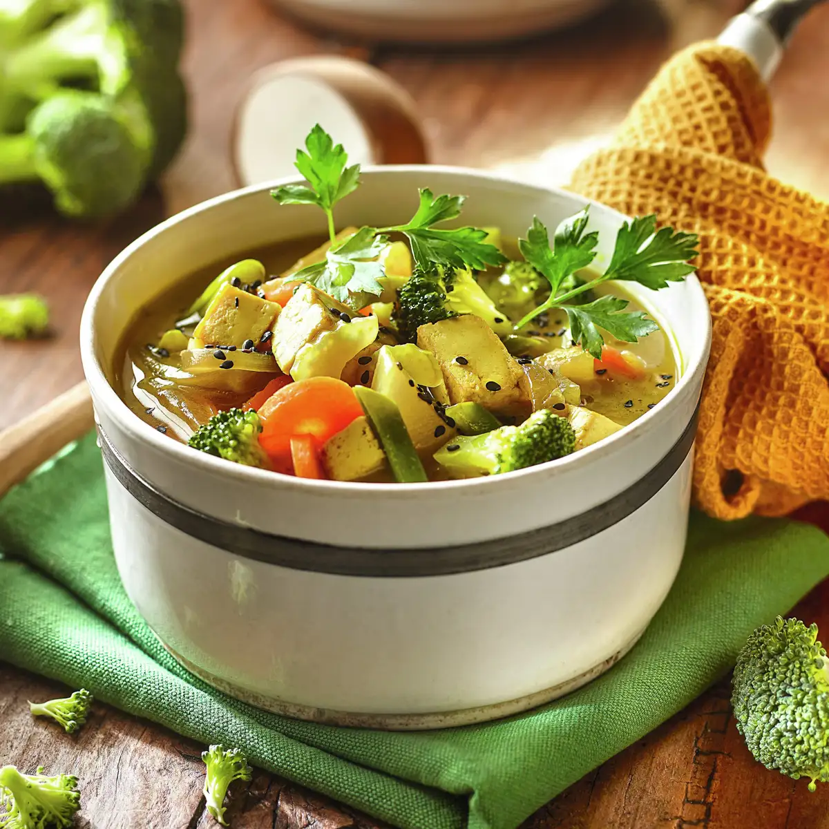 Verduras guisadas con tofu marinado con cúrcuma