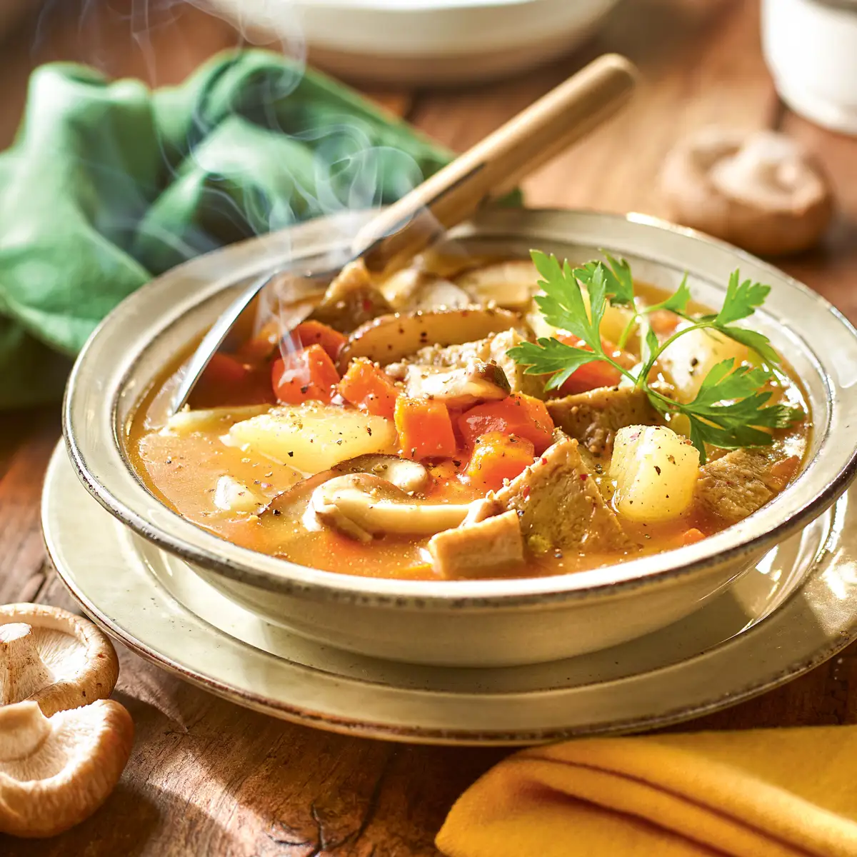 Puchero de patatas, zanahorias y seitán con shiitakes frescos