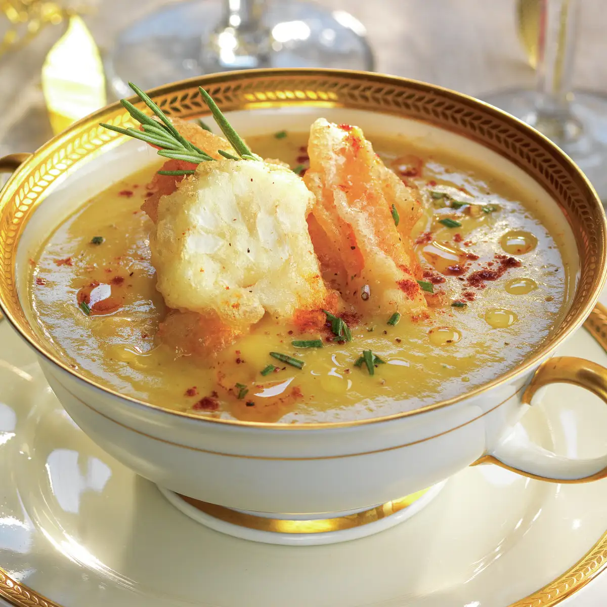 Crema de coliflor y calabacín con verduras en tempura