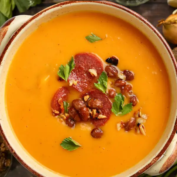 Fácil, rápida y llena de color: sopa de calabaza con chorizo y alubias, un plato de cuchara perfecto para entrar en calor