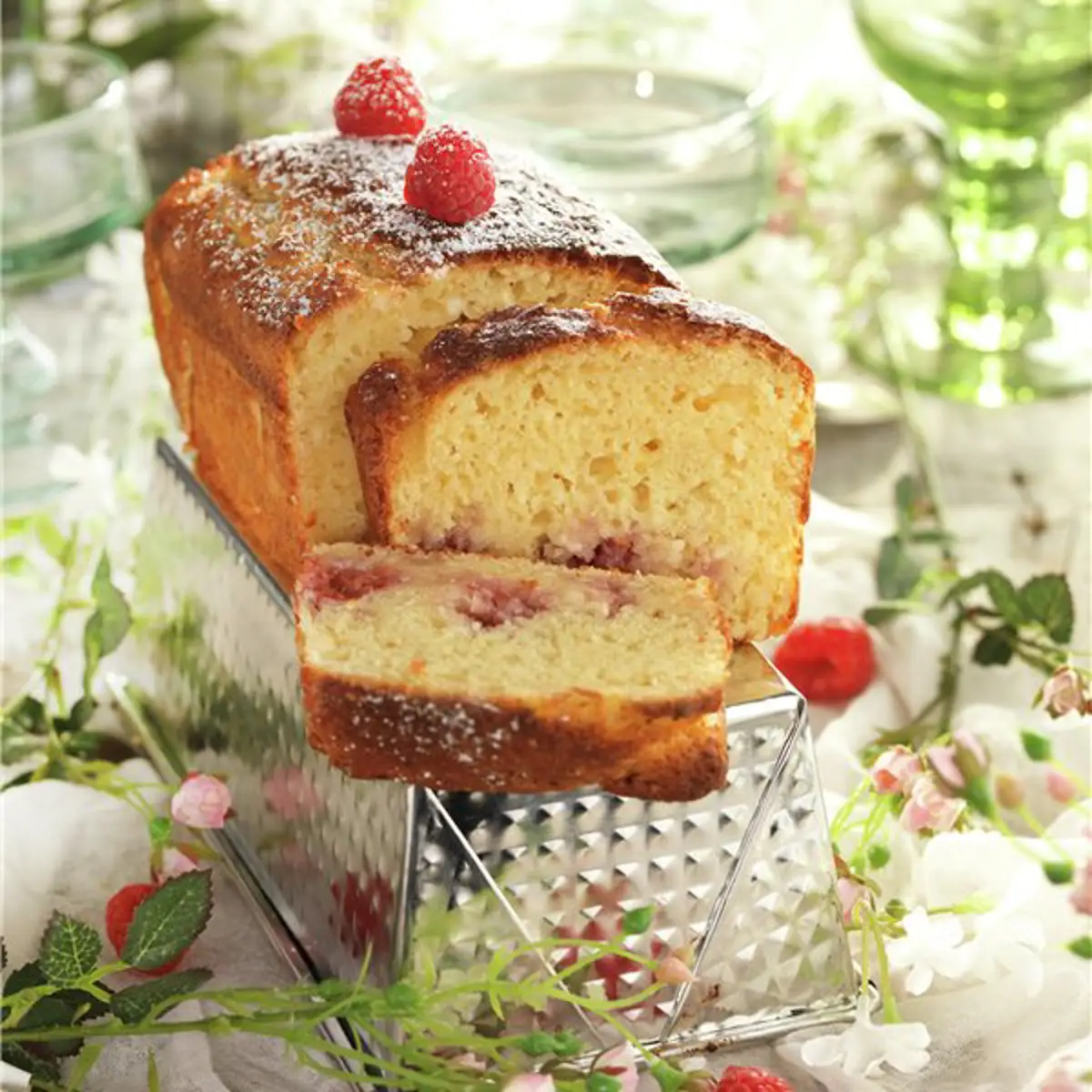 Plum cake de requesón y frambuesas