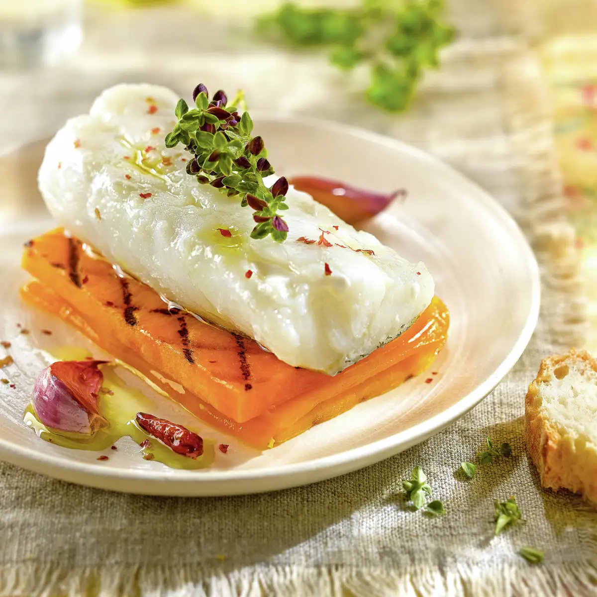 Bacalao confitado con calabaza y queso