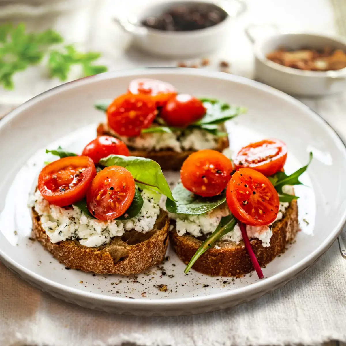 Tostadas de queso cottage con cherrys