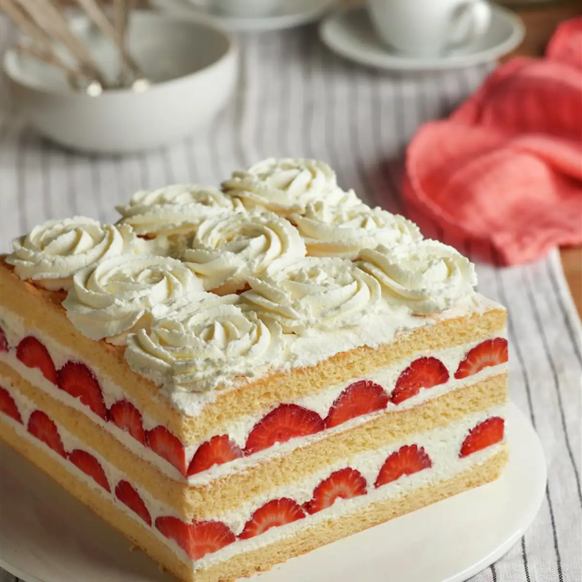 Milhojas de bizcocho con nata montada y fresas