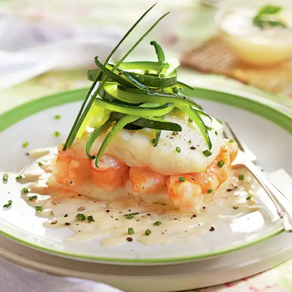 Filetes de gallo y langostinos con salsa suprema, una receta de pescado exquisita