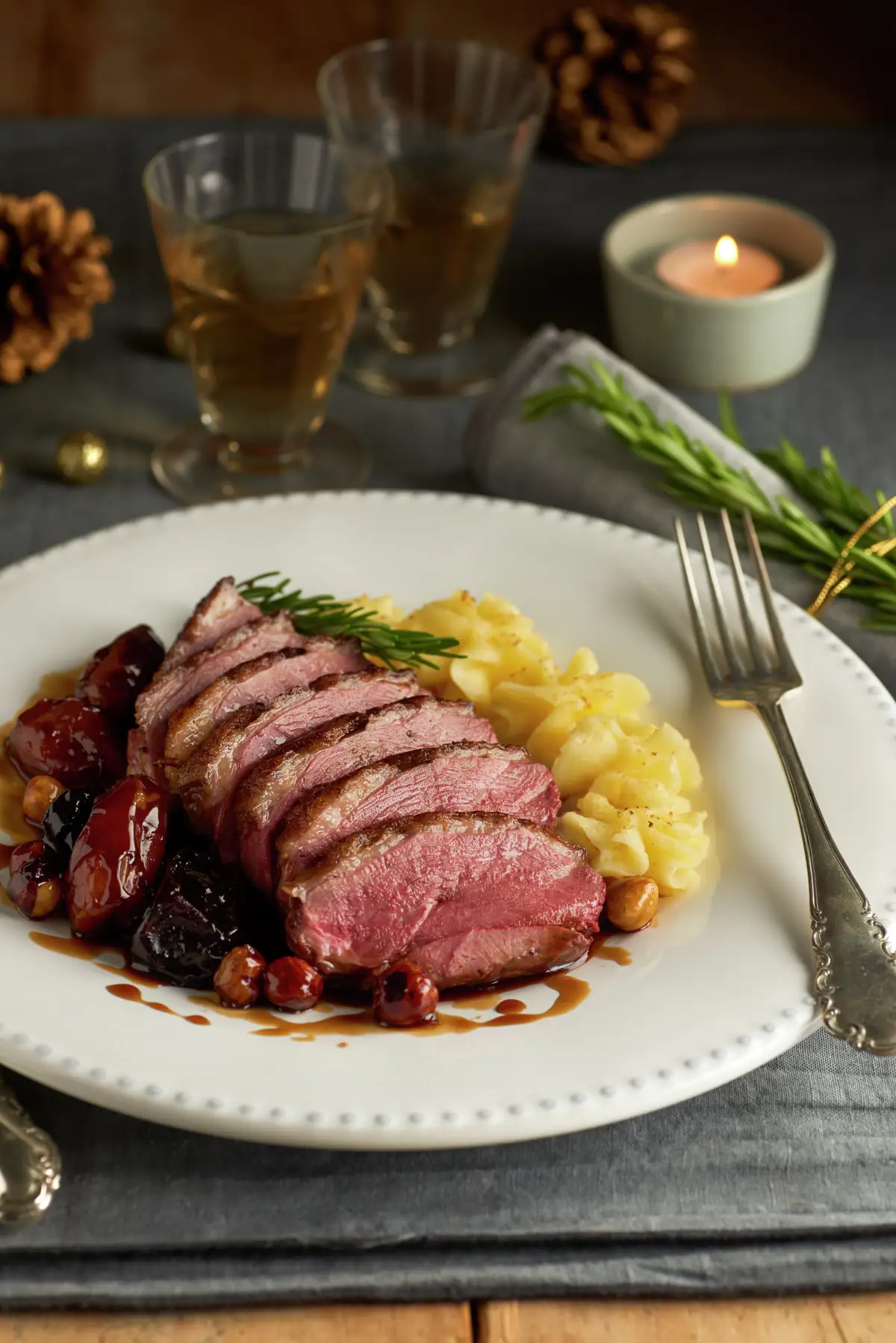 MAGRET DE PATO CON SALSA DE CIRUELAS Y PURÉ DE PATATAS. 