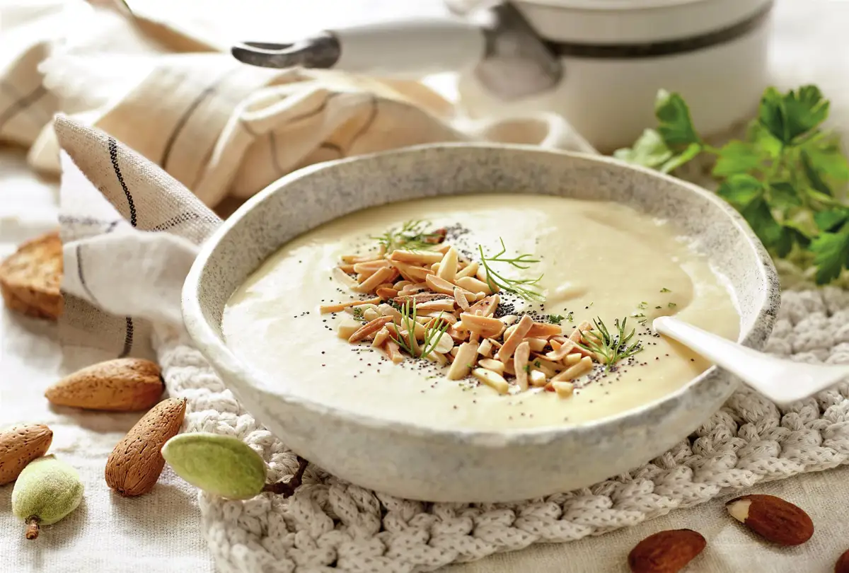 Crema de coliflor con leche de almendras, semillas de amapola y eneldo