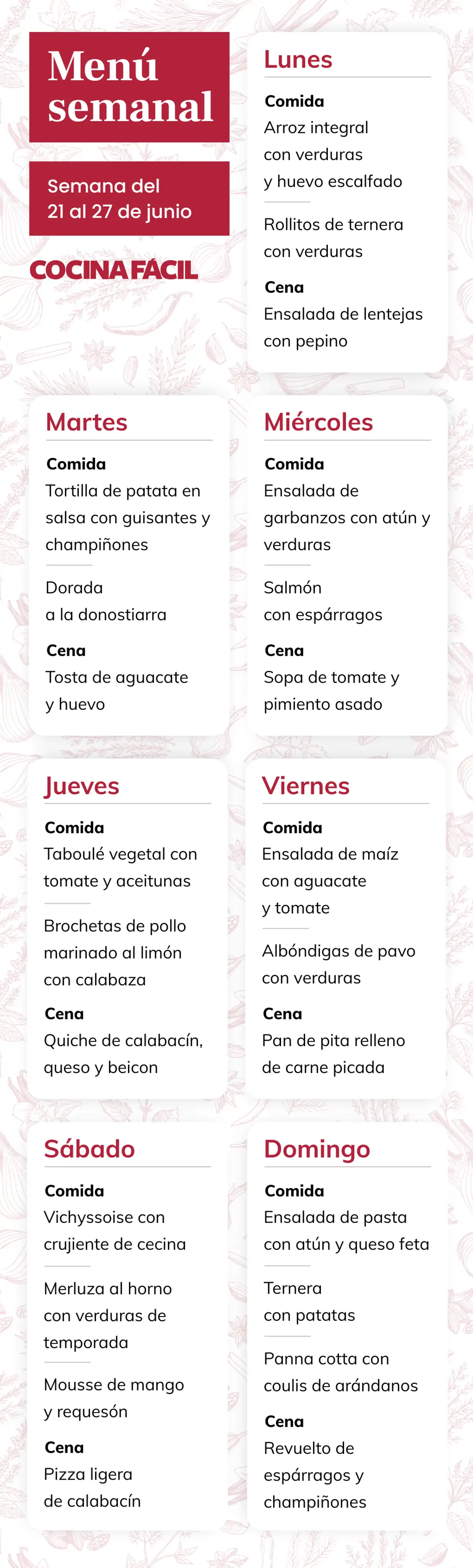Menú semanal de Cocina Fácil (del 21 al 27 de junio)
