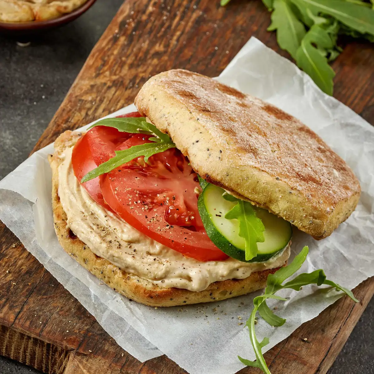 Bocadillo de hummus y pepino
