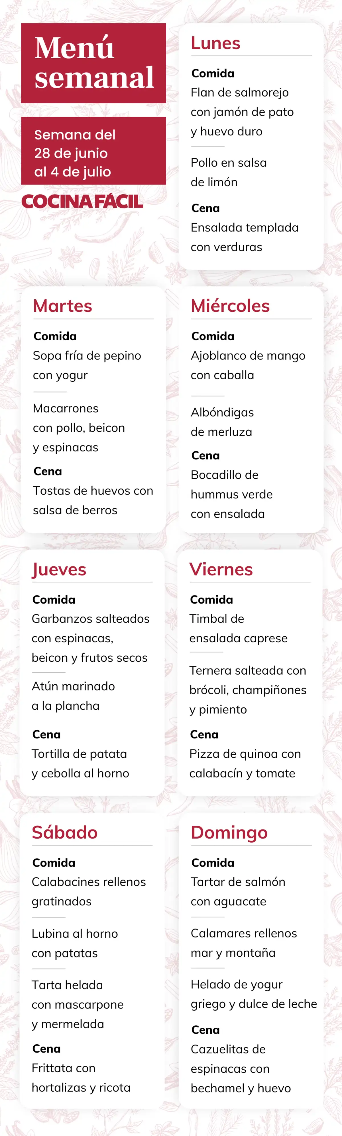 Menú semanal del 28 de junio al 4 de julio