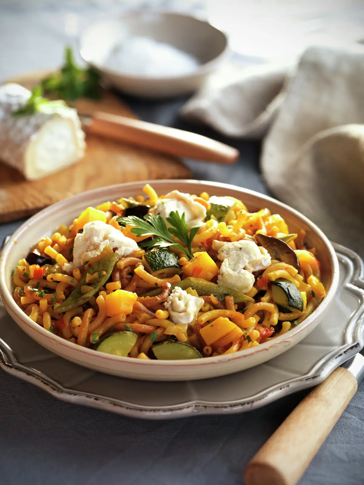 FIDEUÁ DE VERDURAS Y QUESO DE CABRA.