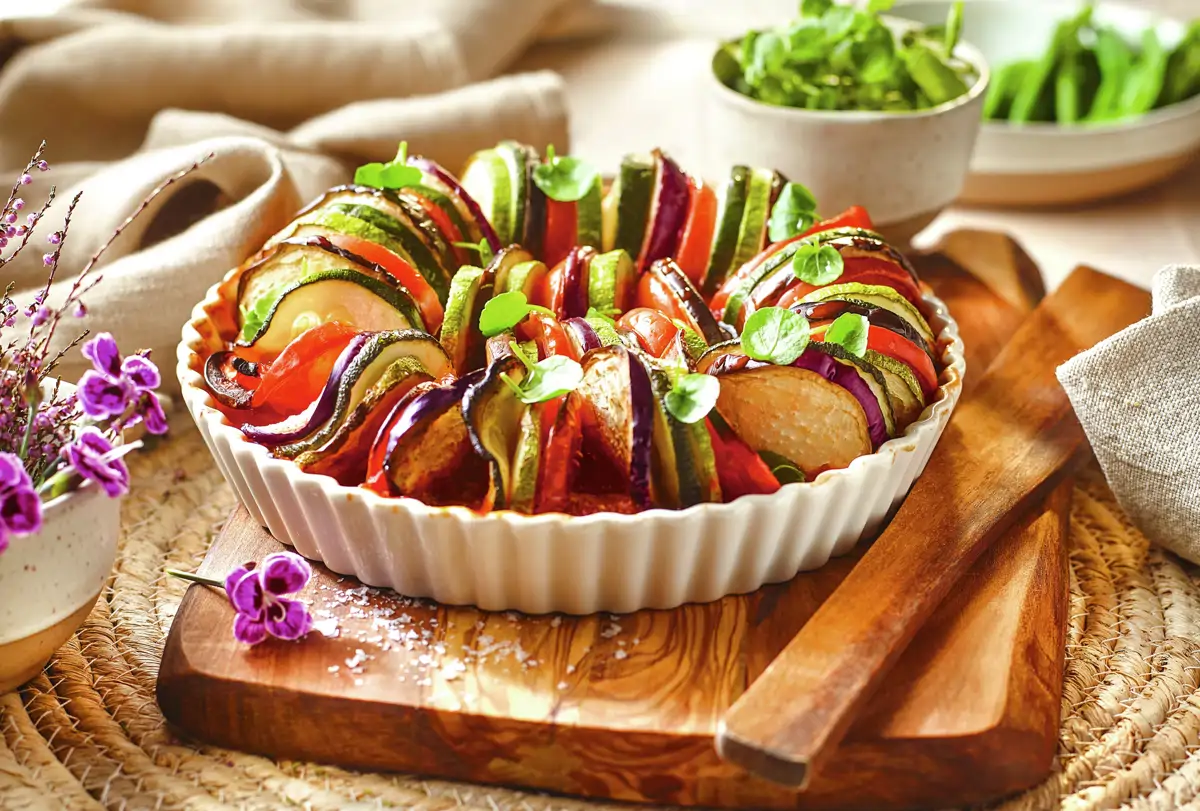 Ratatouille mediterránea multicolor con hierbas aromáticas