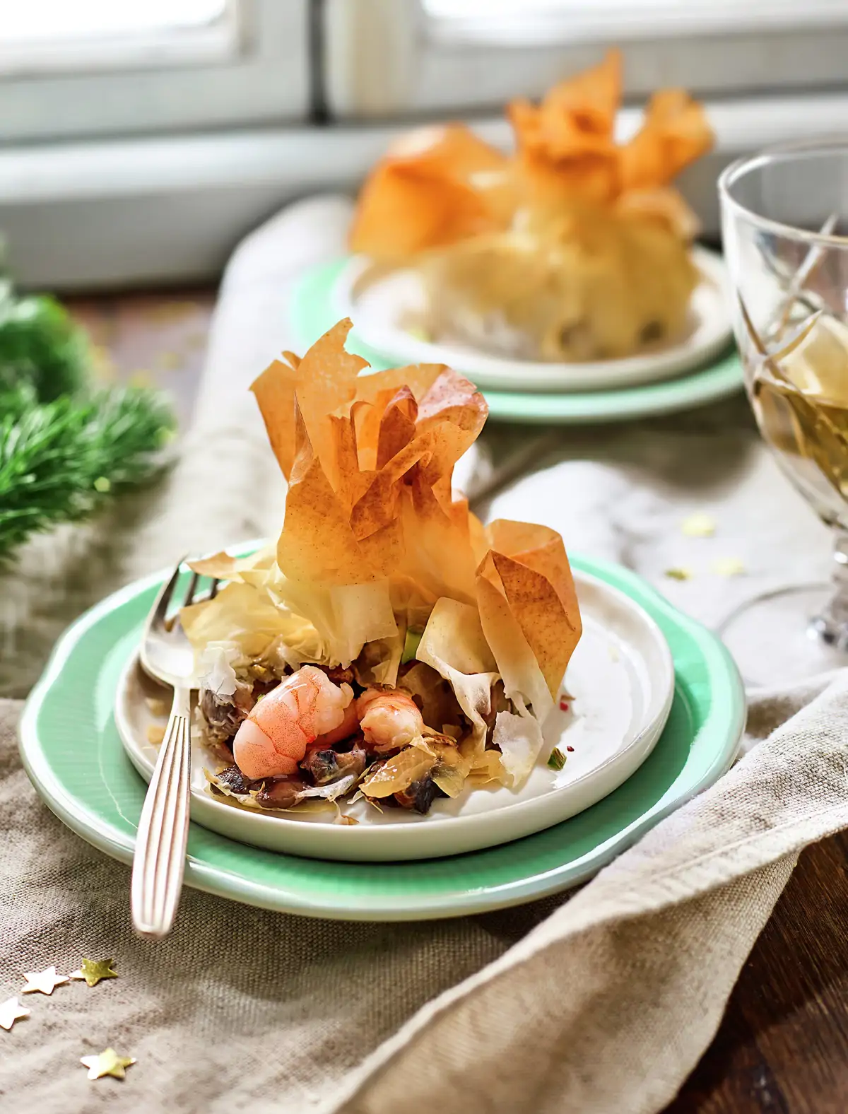 Saquitos de langostinos y shiitake
