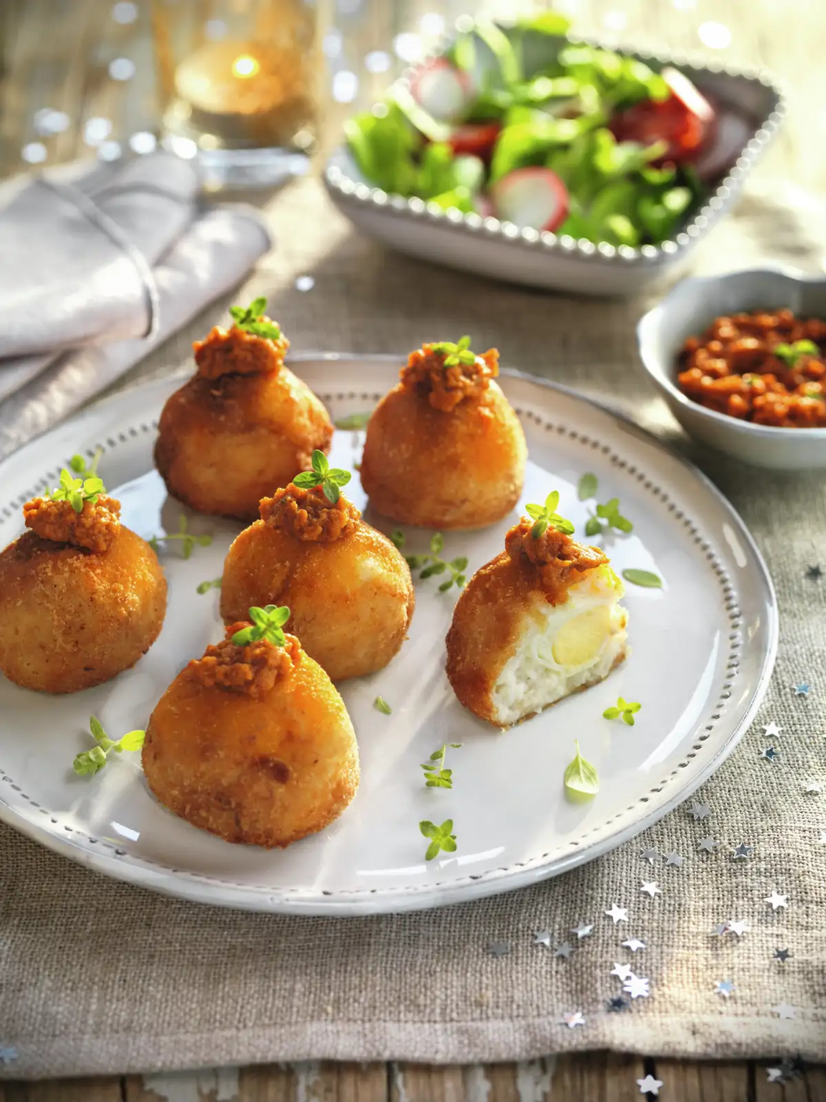 Croquetas de merluza y huevo de codorniz